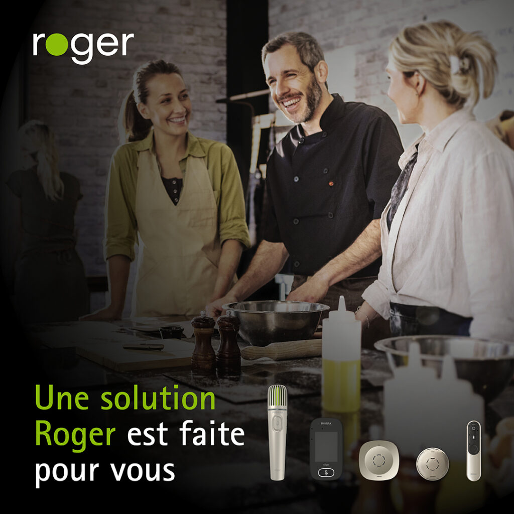 mise en avant des aides auditives roger avec trois personnes en train de parler