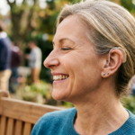 une femme porte des appareils auditifs, elle a l'air heureuse