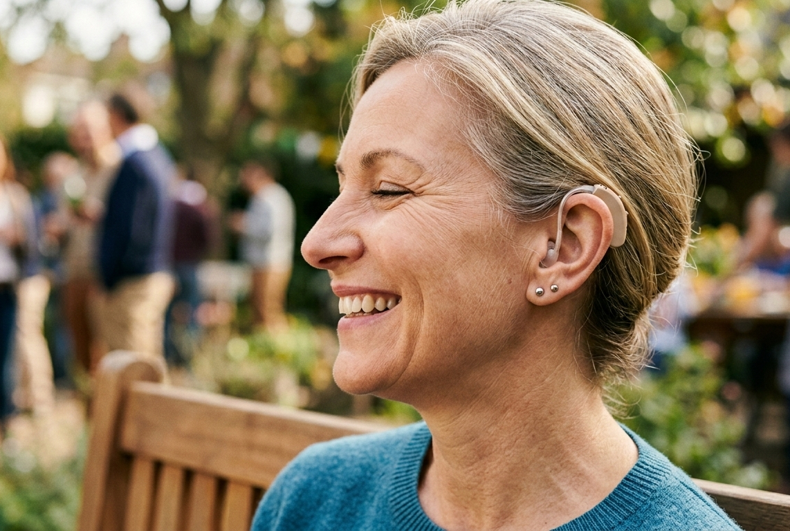 une femme porte des appareils auditifs, elle a l'air heureuse