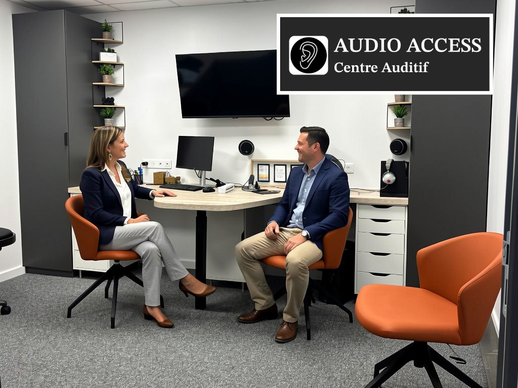 Bureau d'examen de l'audition, deux personnes sont assises