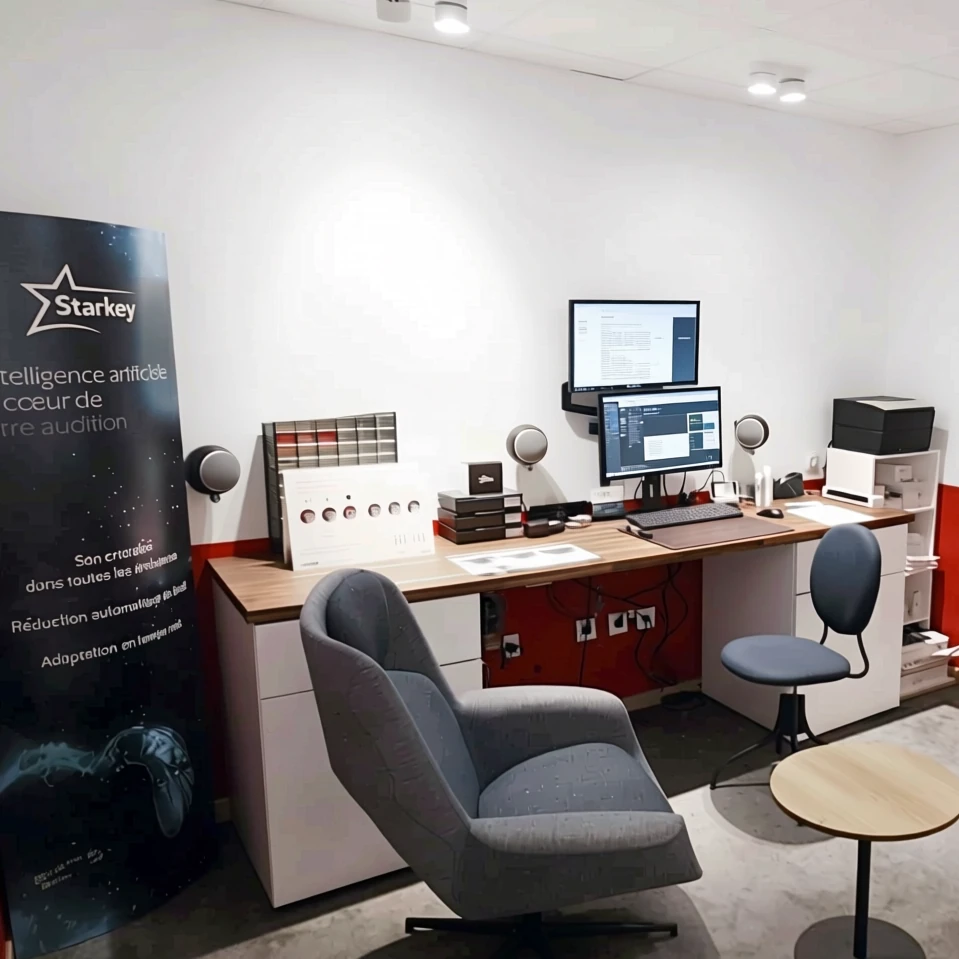 Salle d'audition d'audio access à cernez-près-troyes, possède tout le matériel et l'environnement nécessaire pour des examens auditifs et la réalisation de prothèses auditives par un audioprothésiste