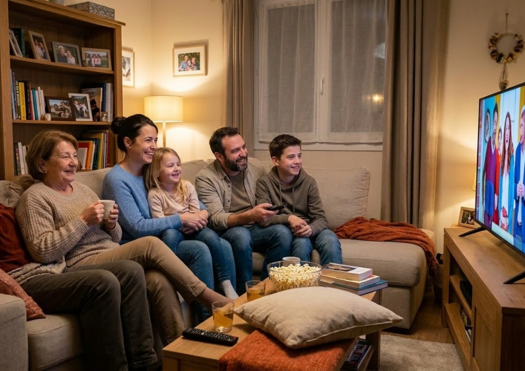 Une famille regarde la TV. ils ont l'air heureux