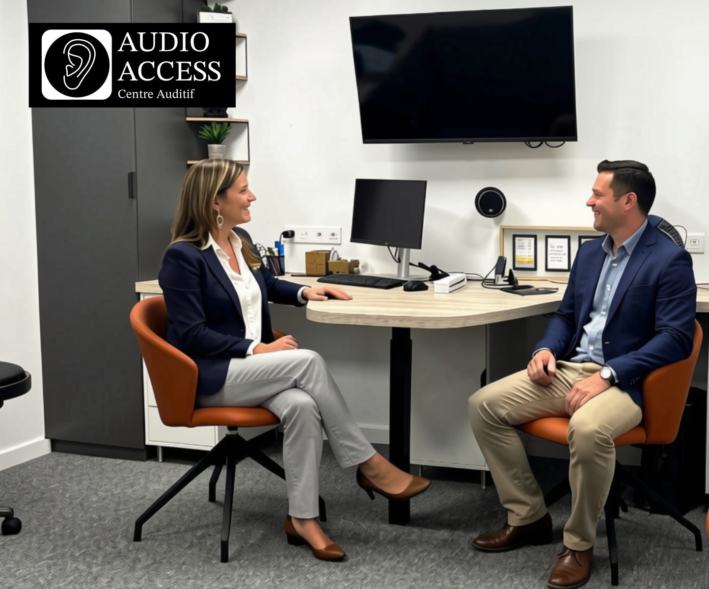 un homme et une femme échangent dans le centre auditif